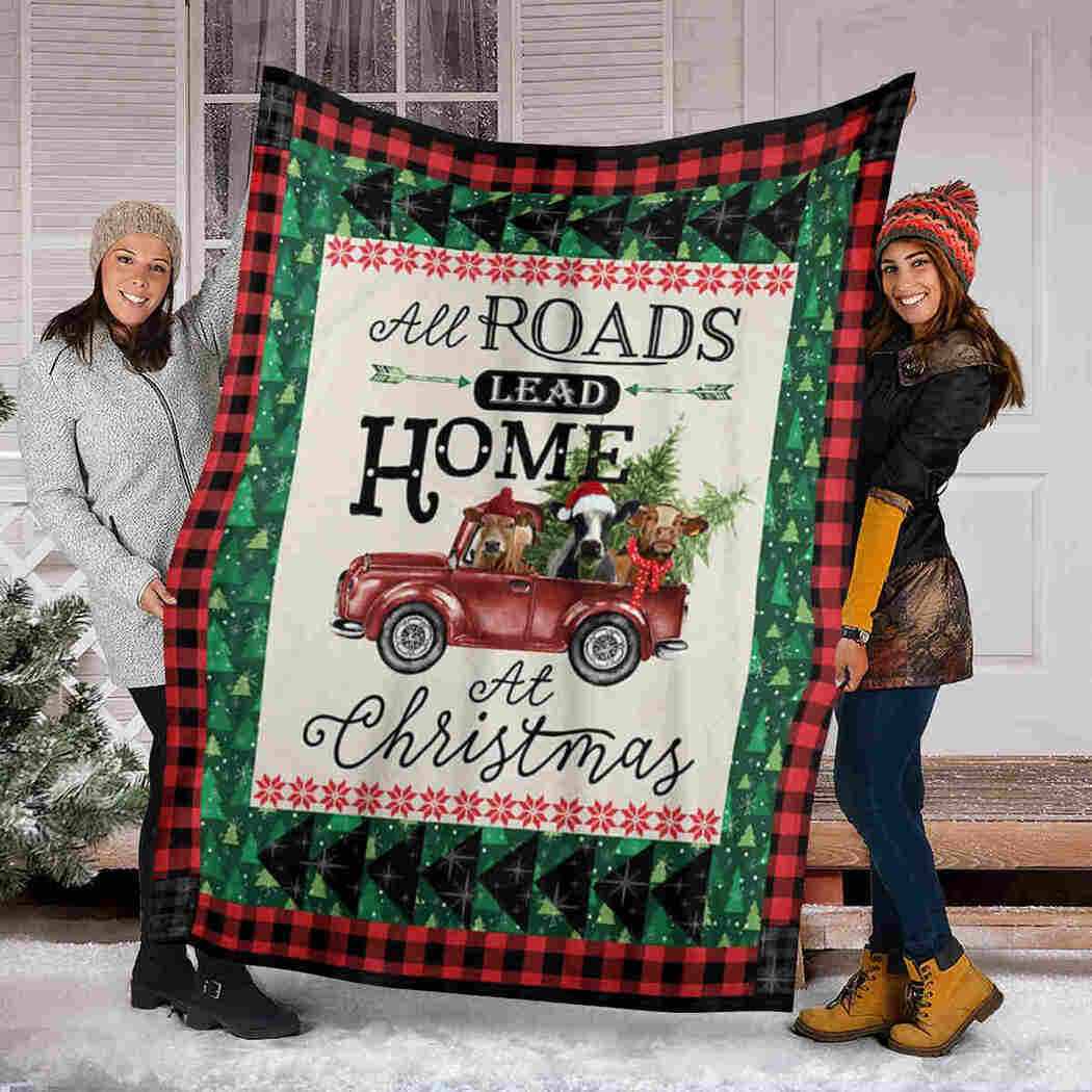 Cow Truck Christmas Blanket - All Roads Lead Home At Christmas Blanket