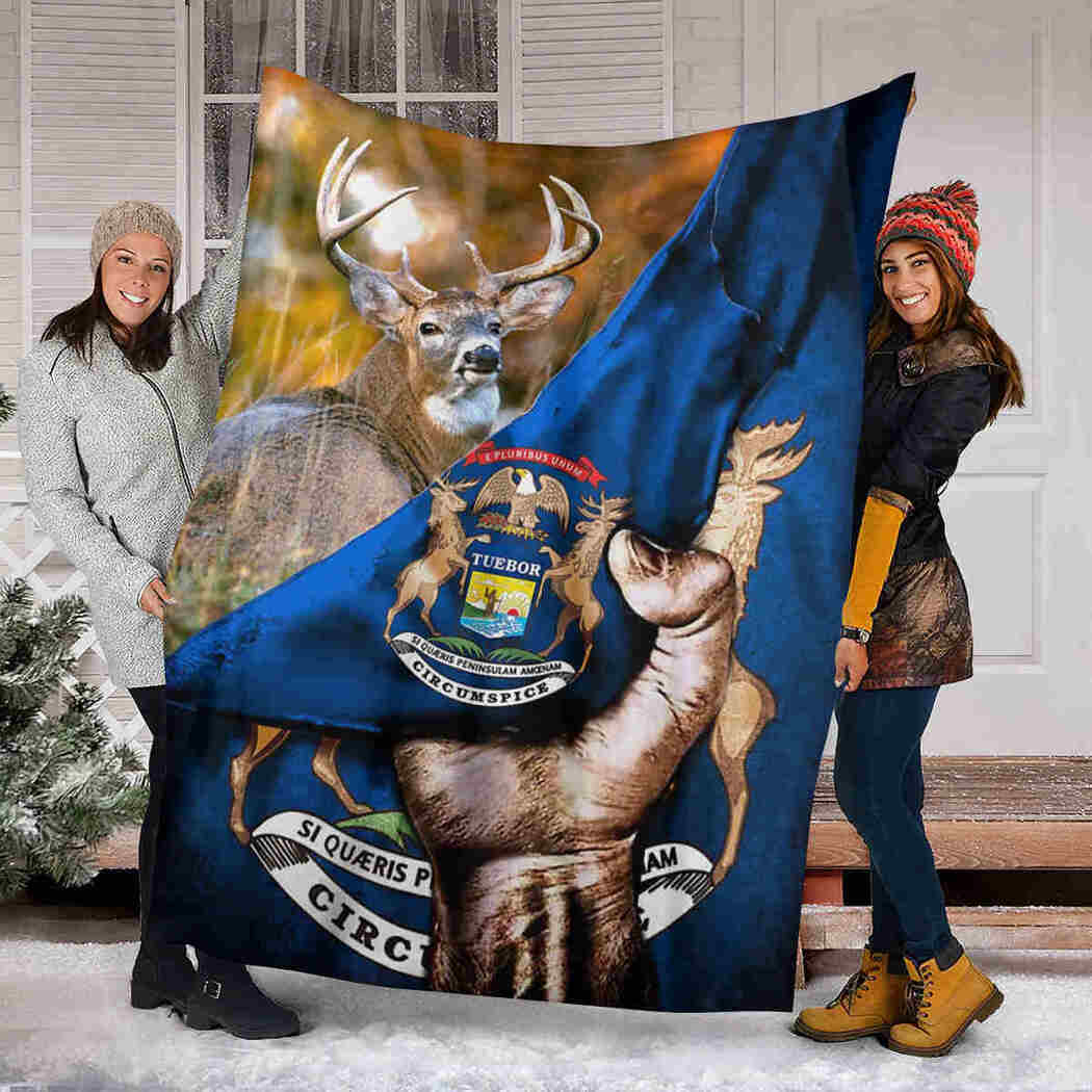 Hold Michigan Flag Blanket - Deer Michigan Flag Blanket