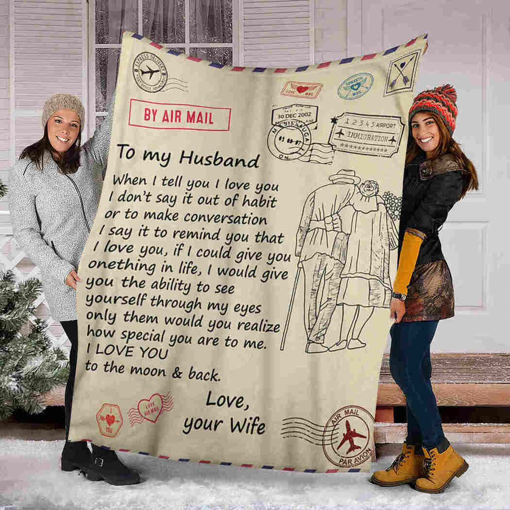 To My Husband - Air Mail And Old Couple Blanket - I Love You To The Moon And Back Blanket