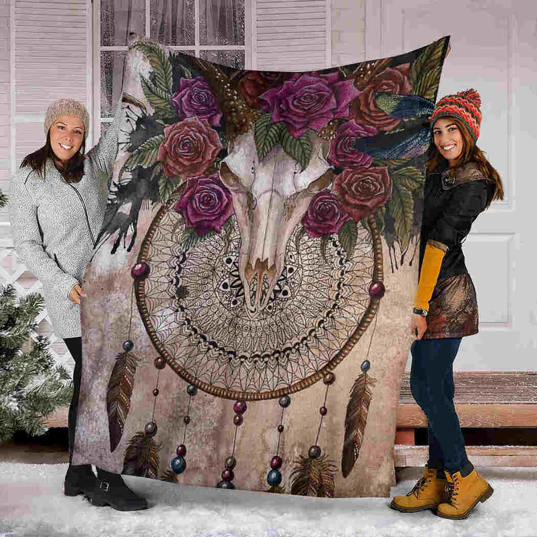 Native American Dreamcatcher Rose Blanket - Native Skull Cow Blanket