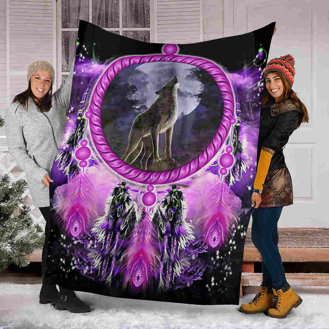 Native American Purple Blanket - Wolf DreamCatcher Blanket