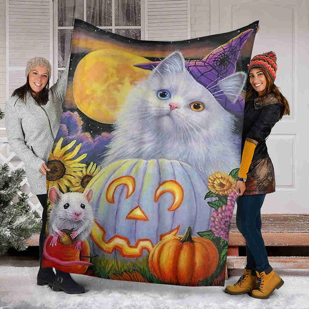White Cat & Pumpkin Blanket - Happy Halloween Blanket