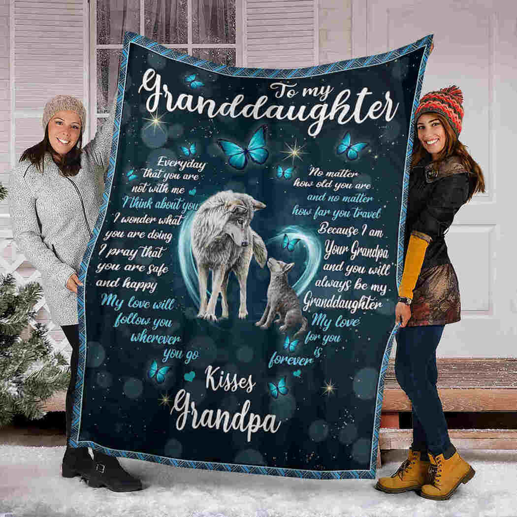 To My Granddaughter Blanket - Wolf And Butterfly Blanket - My Love Will Follow You