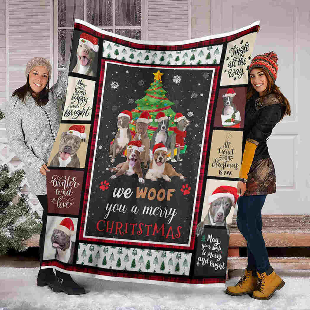 Pit Bull Christmas Blanket - We Woof You A Merry Christmas Blanket